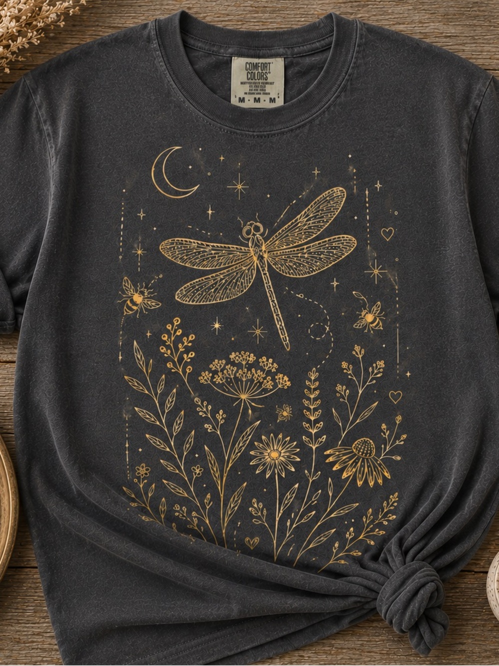 Dragonfly Moon Comfort Colors Tee Celestial Boho Botanical Graphic Shirt - Picture 3 of 6